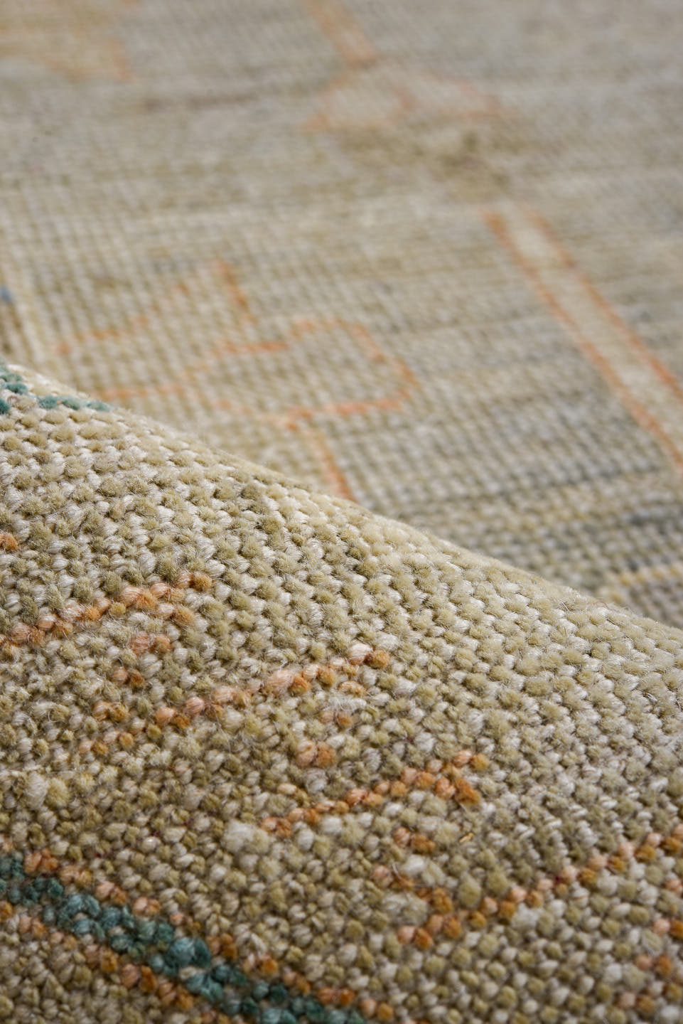 8' x 11' one-of-a-kind handmade vintage Oushak large size rug. Color palette: ivory, taupe, sage, soft blue, blush, beige