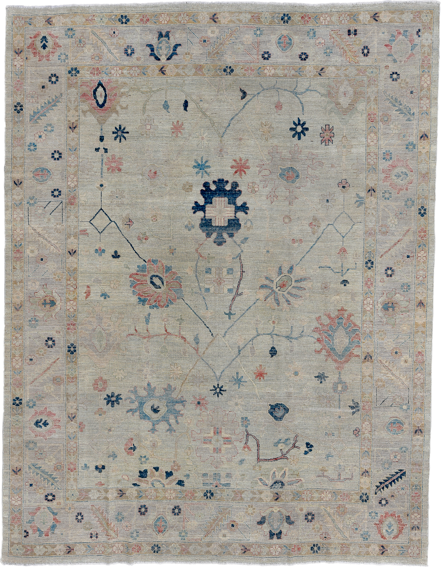 9' x 12' one-of-a-kind handmade vintage Oushak large size rug. Color palette: ivory, beige, pale blue, navy, blush, sand