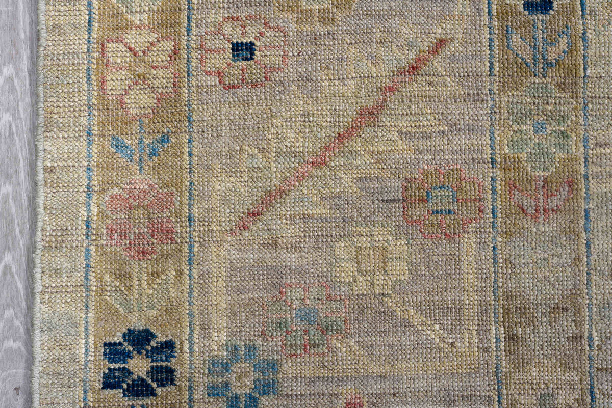 9' x 12' one-of-a-kind handmade vintage Oushak large size rug. Color palette: ivory, beige, pale blue, navy, blush, sand