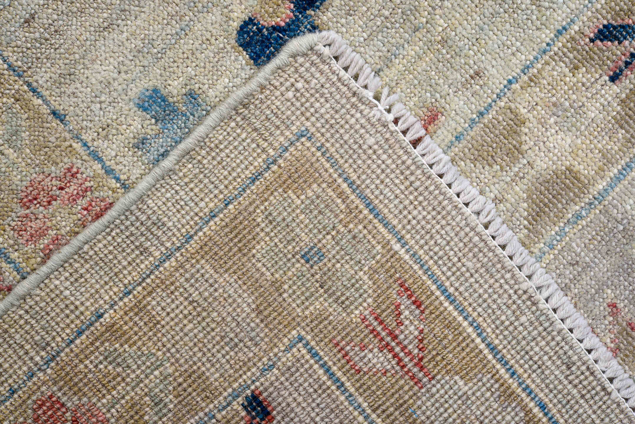 9' x 12' one-of-a-kind handmade vintage Oushak large size rug. Color palette: ivory, beige, pale blue, navy, blush, sand