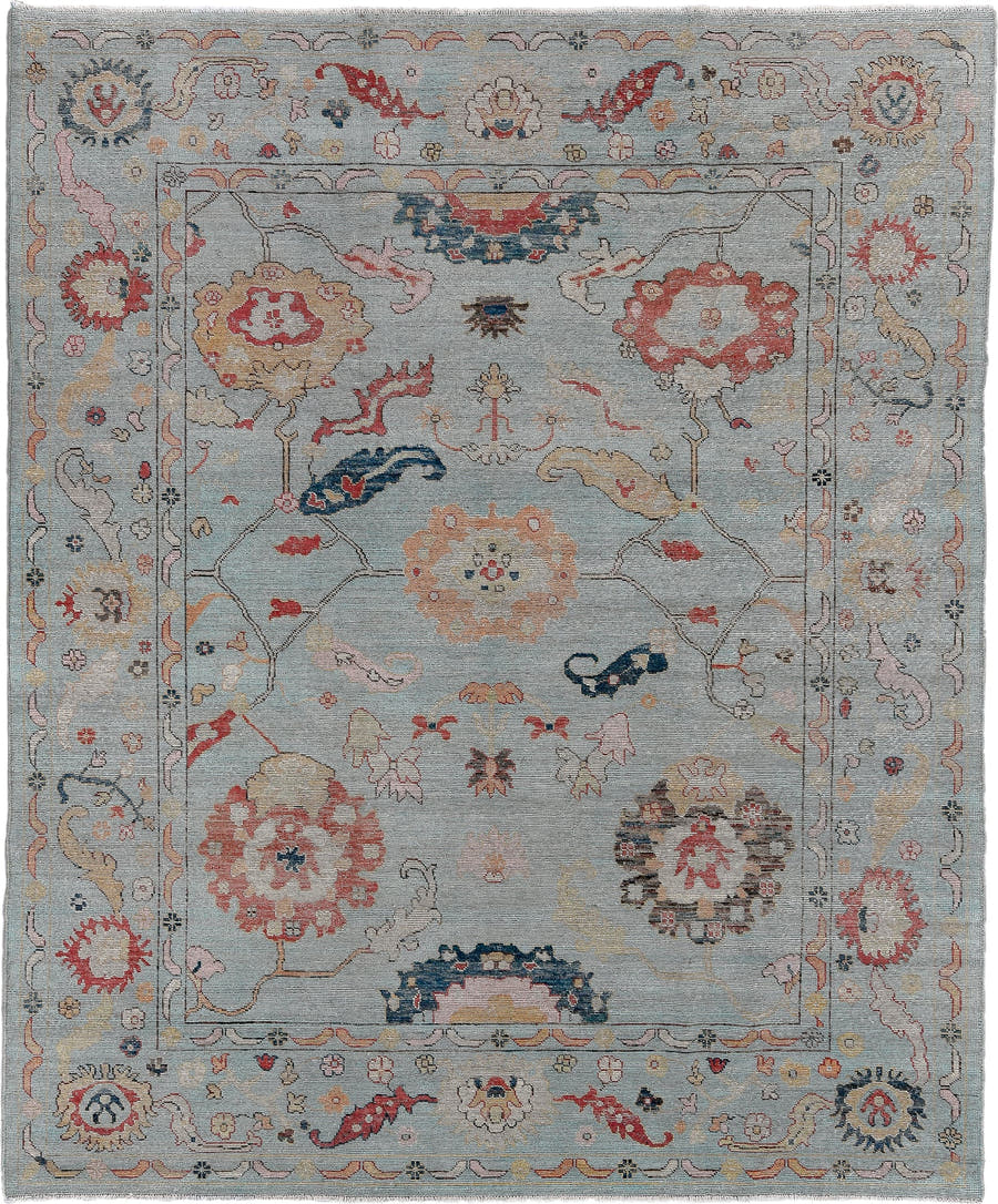 8' x 9' one-of-a-kind handmade vintage Oushak large size rug. Color palette: light blue, ivory, coral, navy, gold, pink