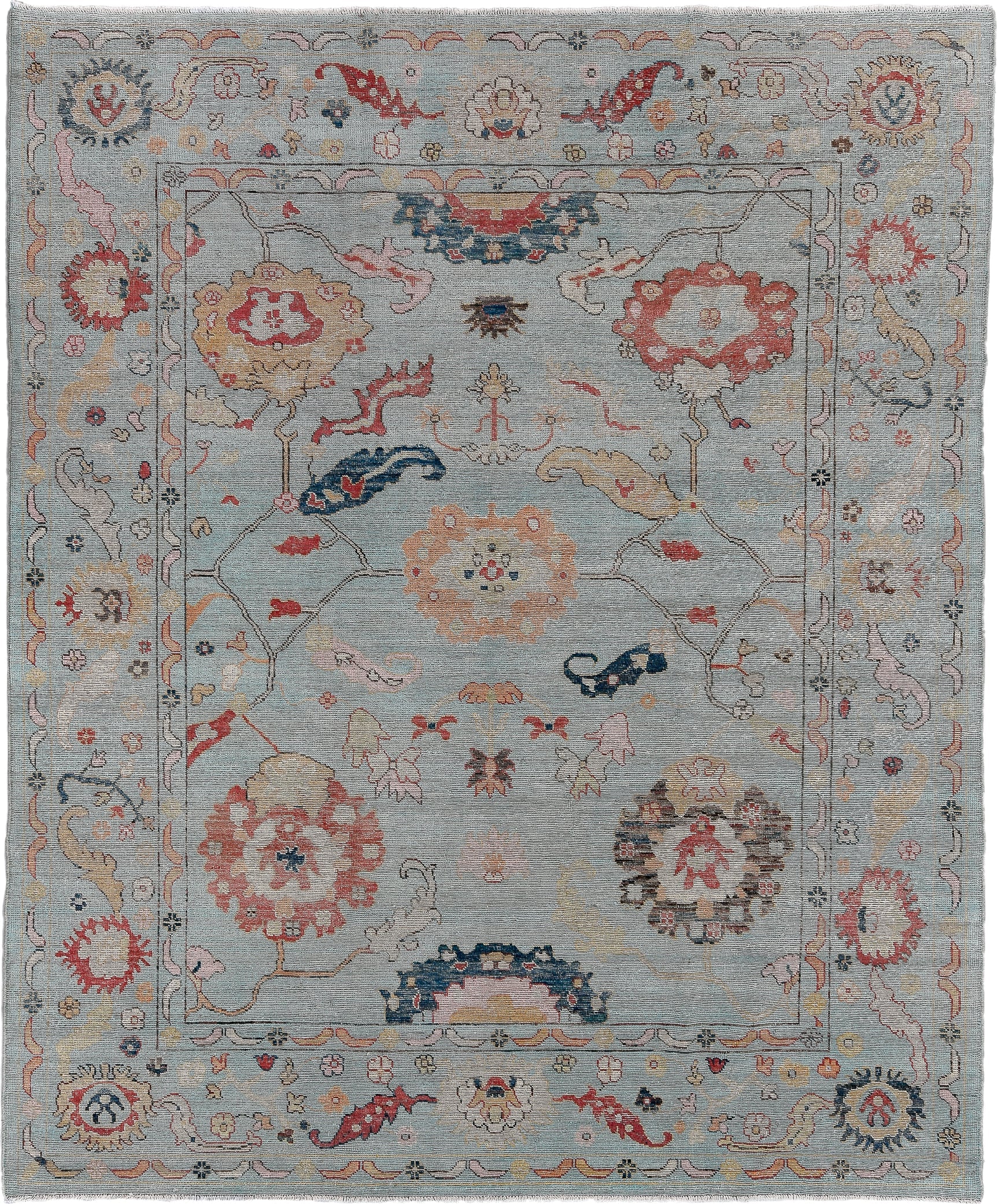 8' x 9' one-of-a-kind handmade vintage Oushak large size rug. Color palette: light blue, ivory, coral, navy, gold, pink