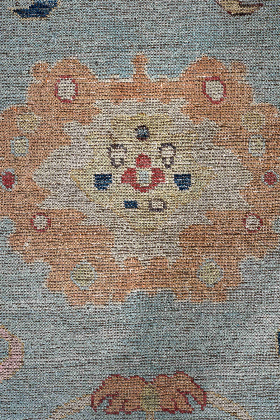 8' x 9' one-of-a-kind handmade vintage Oushak large size rug. Color palette: light blue, ivory, coral, navy, gold, pink