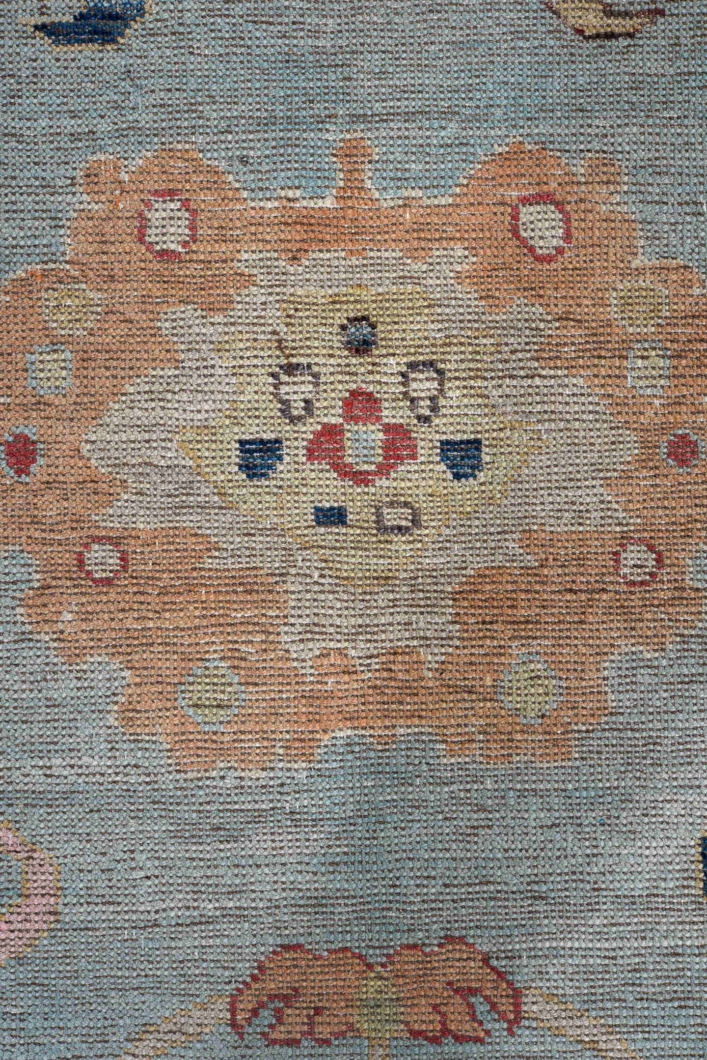 8' x 9' one-of-a-kind handmade vintage Oushak large size rug. Color palette: light blue, ivory, coral, navy, gold, pink