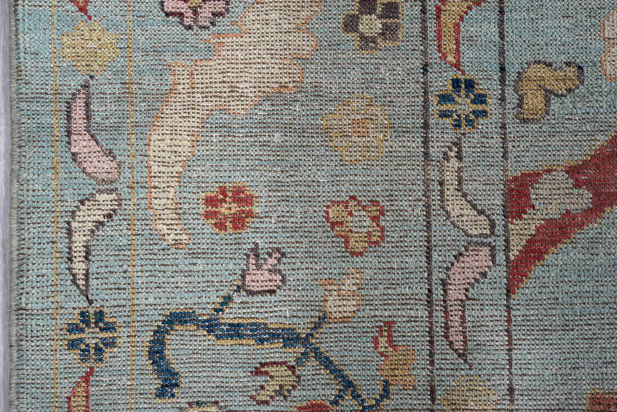 8' x 9' one-of-a-kind handmade vintage Oushak large size rug. Color palette: light blue, ivory, coral, navy, gold, pink