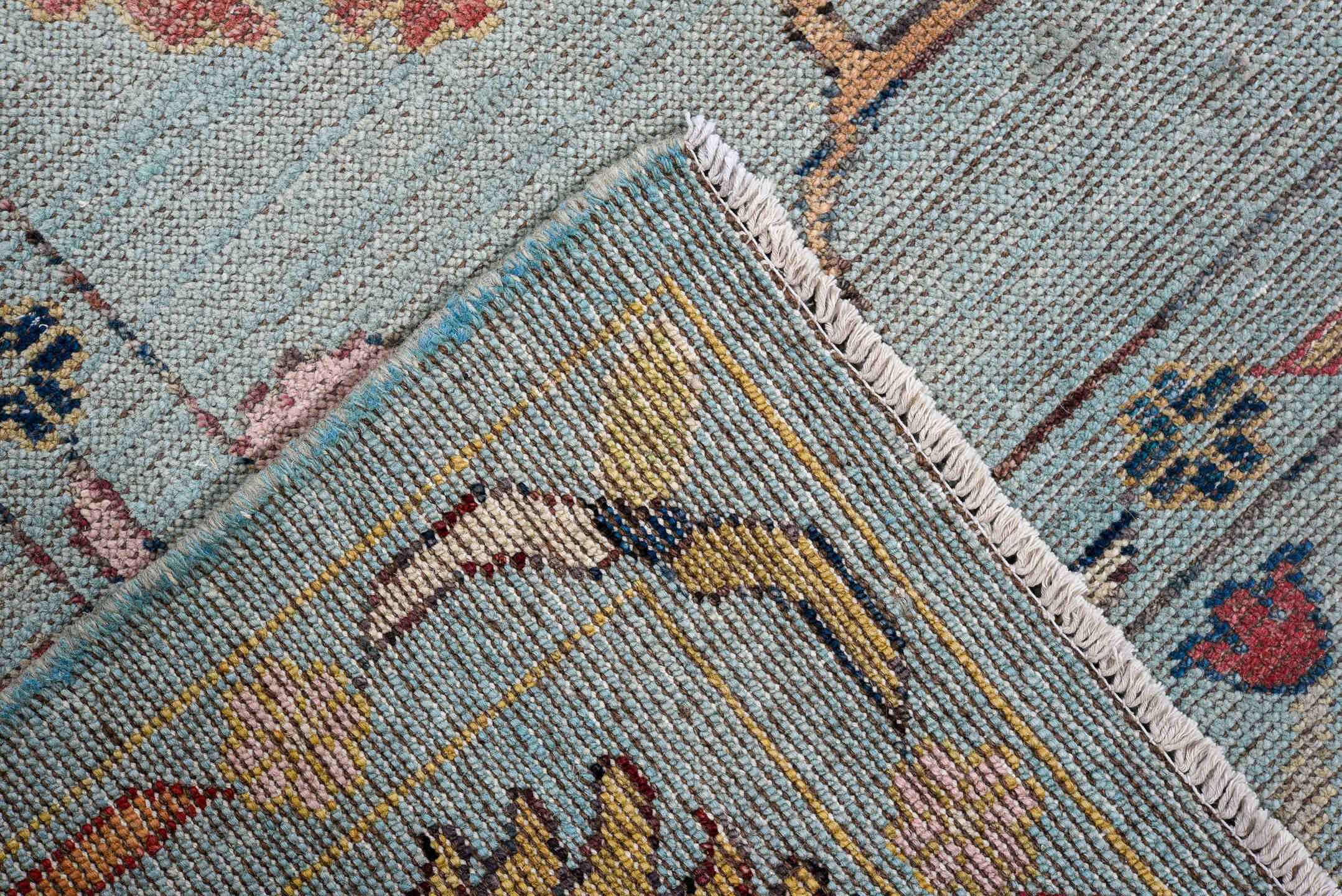 8' x 9' one-of-a-kind handmade vintage Oushak large size rug. Color palette: light blue, ivory, coral, navy, gold, pink