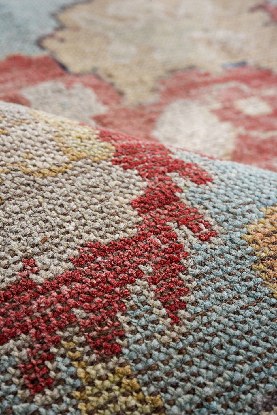 8' x 9' one-of-a-kind handmade vintage Oushak large size rug. Color palette: light blue, ivory, coral, navy, gold, pink