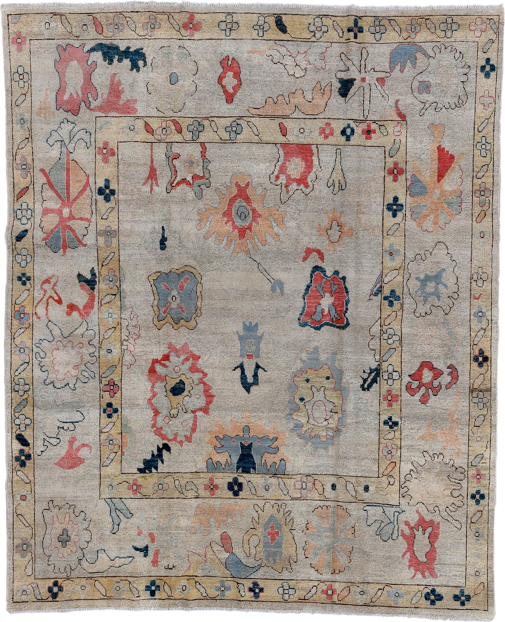 7' x 9' one-of-a-kind handmade vintage Oushak rug. Color palette: ivory, pale blue, coral, navy, beige, taupe, peach
