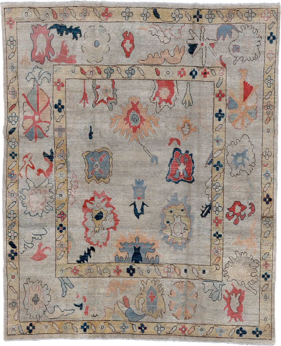 7' x 9' one-of-a-kind handmade vintage Oushak rug. Color palette: ivory, pale blue, coral, navy, beige, taupe, peach