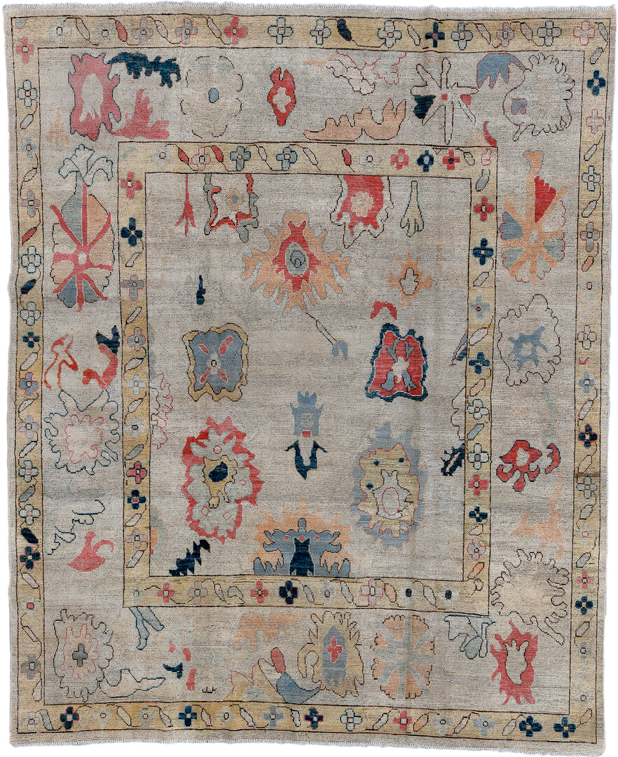 7' x 9' one-of-a-kind handmade vintage Oushak rug. Color palette: ivory, pale blue, coral, navy, beige, taupe, peach