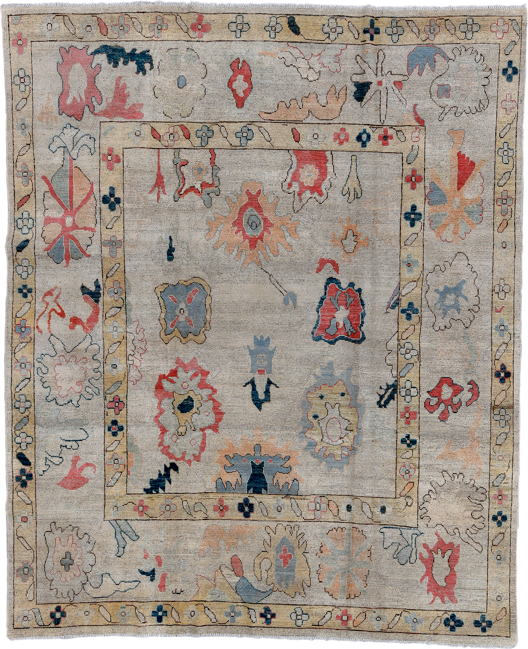 7' x 9' one-of-a-kind handmade vintage Oushak rug. Color palette: ivory, pale blue, coral, navy, beige, taupe, peach