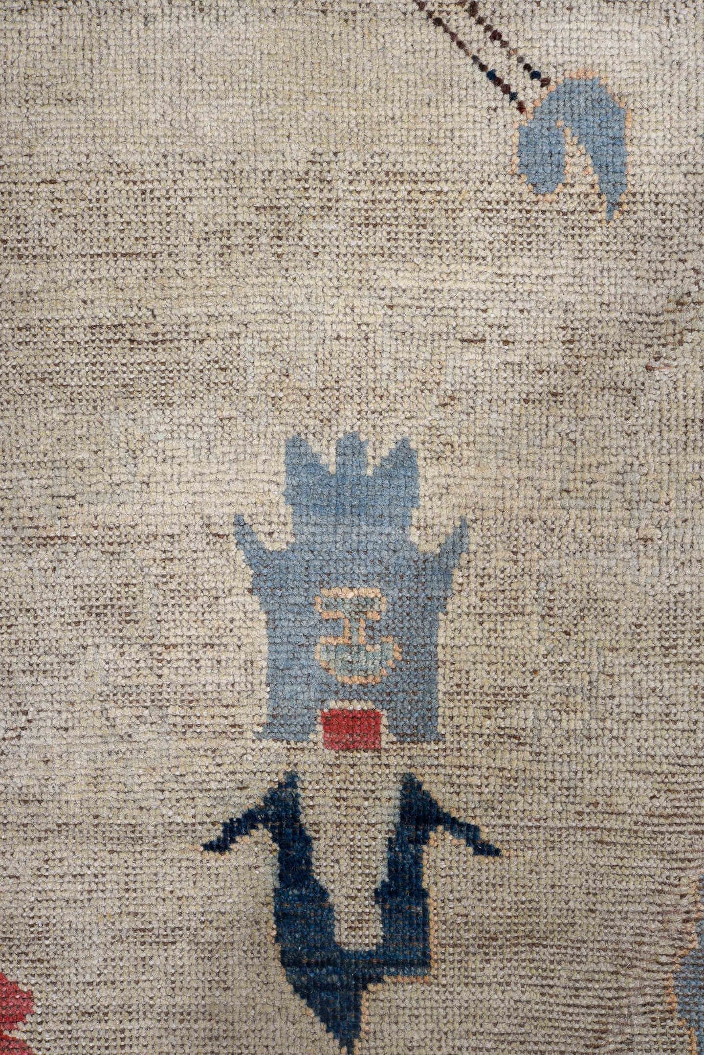 7' x 9' one-of-a-kind handmade vintage Oushak rug. Color palette: ivory, pale blue, coral, navy, beige, taupe, peach