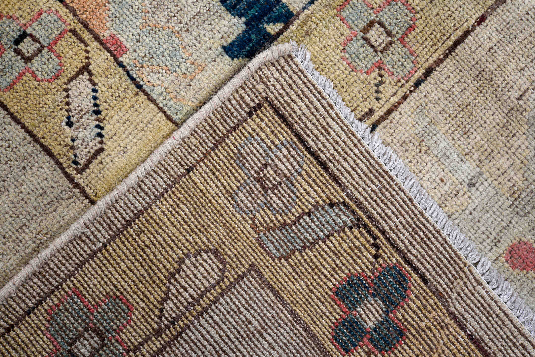 7' x 9' one-of-a-kind handmade vintage Oushak rug. Color palette: ivory, pale blue, coral, navy, beige, taupe, peach