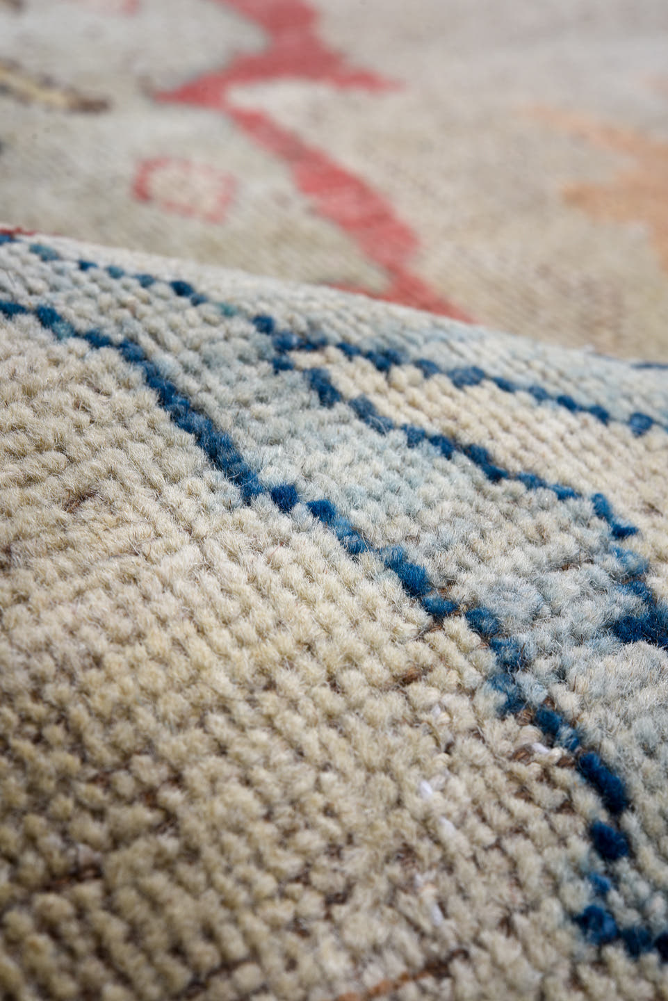 7' x 9' one-of-a-kind handmade vintage Oushak rug. Color palette: ivory, pale blue, coral, navy, beige, taupe, peach