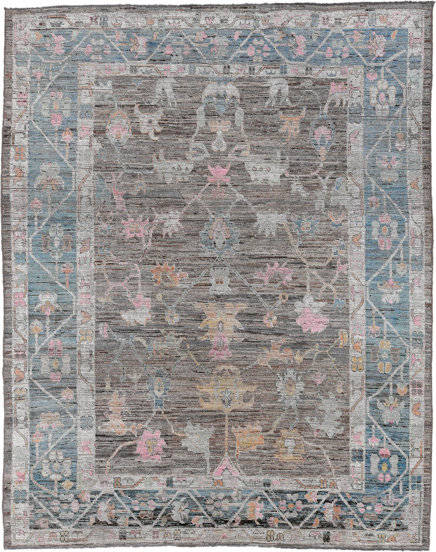 9' x 11' one-of-a-kind handmade vintage Oushak large size rug. Color palette: gray, powder_blue, ivory, blush, taupe