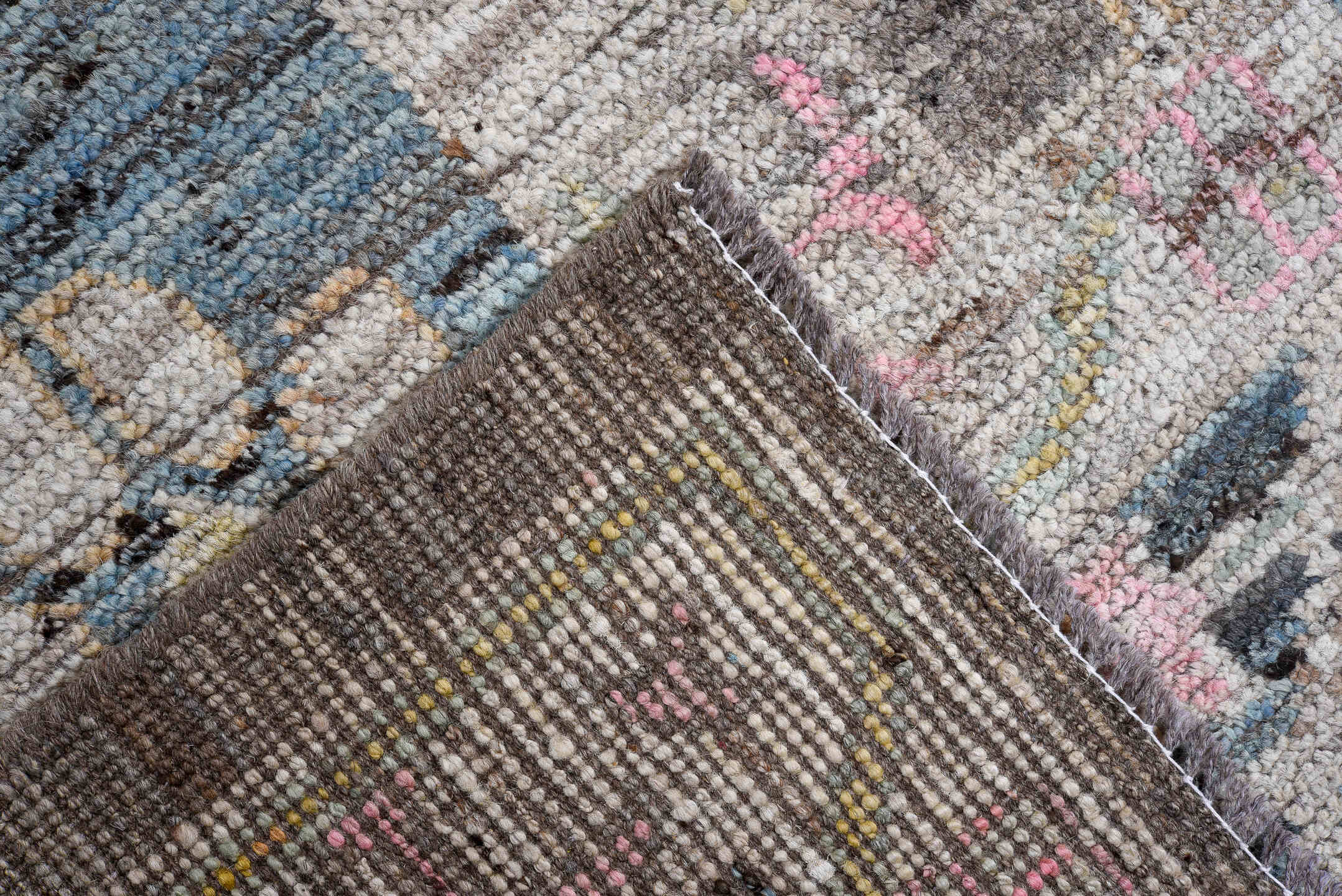9' x 11' one-of-a-kind handmade vintage Oushak large size rug. Color palette: gray, powder_blue, ivory, blush, taupe