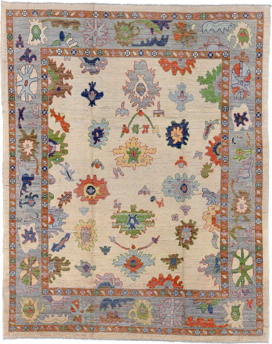 9' x 11' one-of-a-kind handmade vintage Oushak large size rug. Color palette: ivory, gray, terra cotta, sage, sky blue, navy