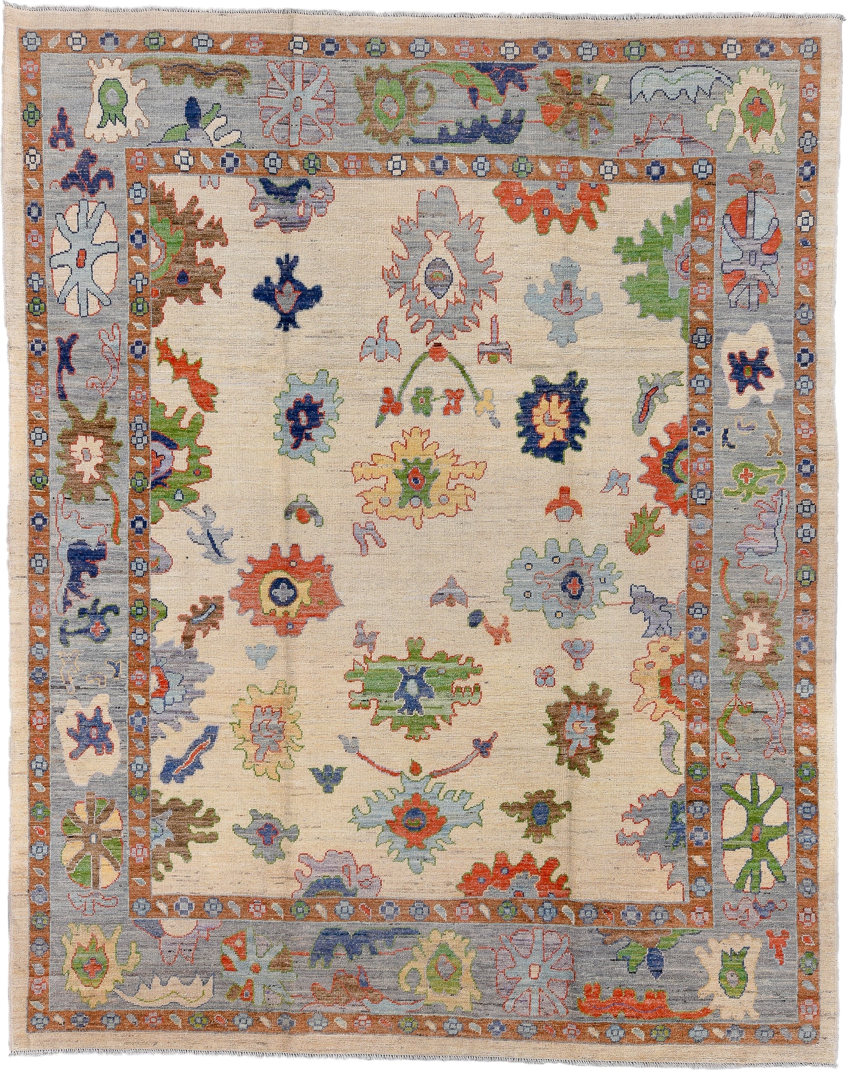 9' x 11' one-of-a-kind handmade vintage Oushak large size rug. Color palette: ivory, gray, terra cotta, sage, sky blue, navy