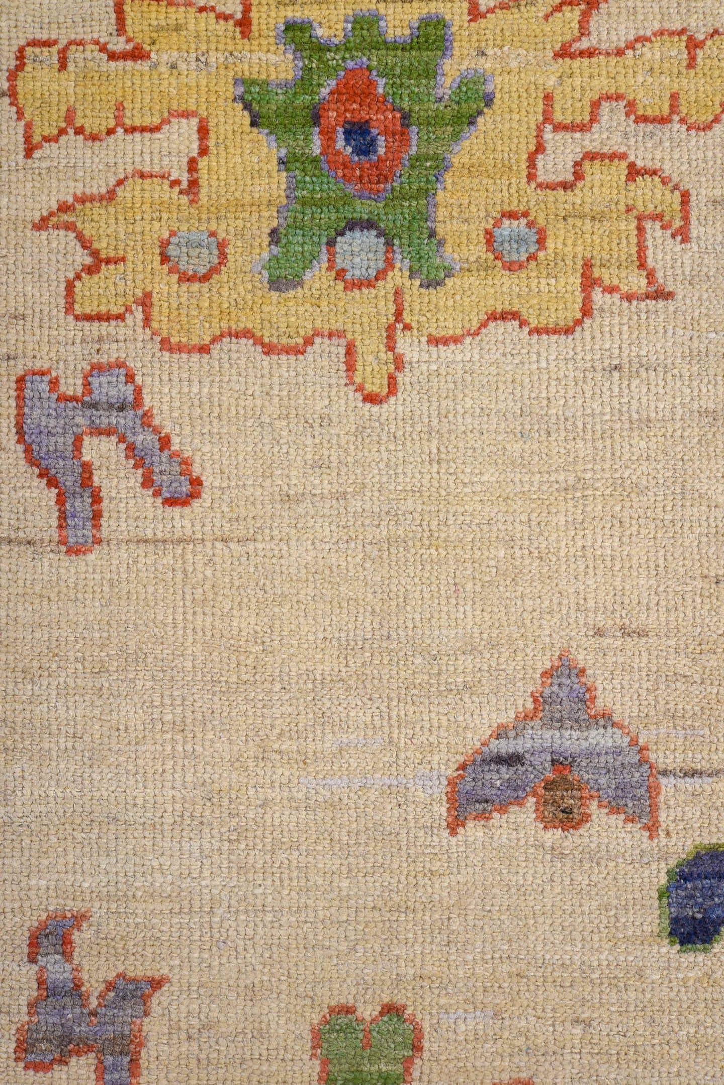 9' x 11' one-of-a-kind handmade vintage Oushak large size rug. Color palette: ivory, gray, terra cotta, sage, sky blue, navy