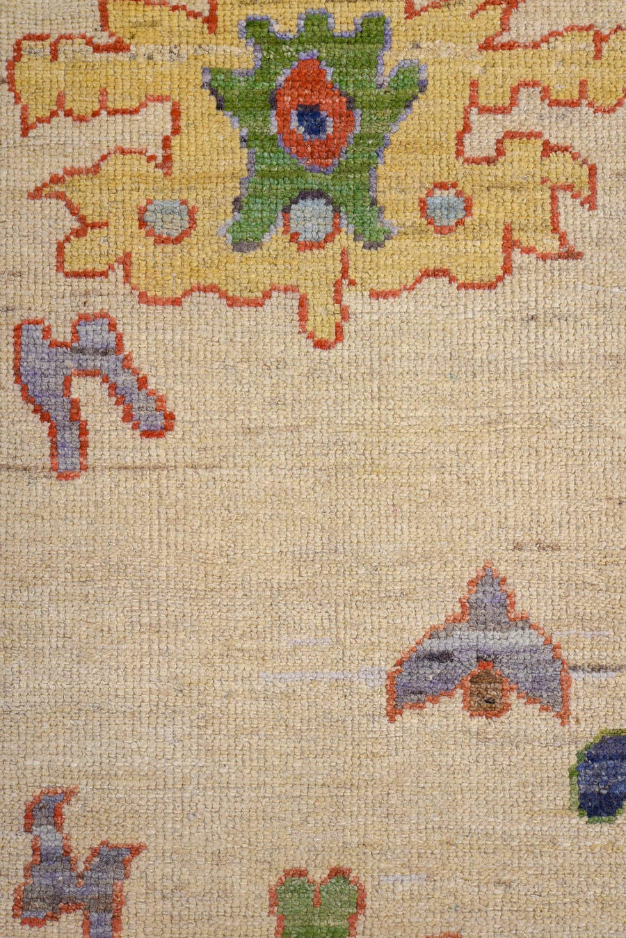 9' x 11' one-of-a-kind handmade vintage Oushak large size rug. Color palette: ivory, gray, terra cotta, sage, sky blue, navy