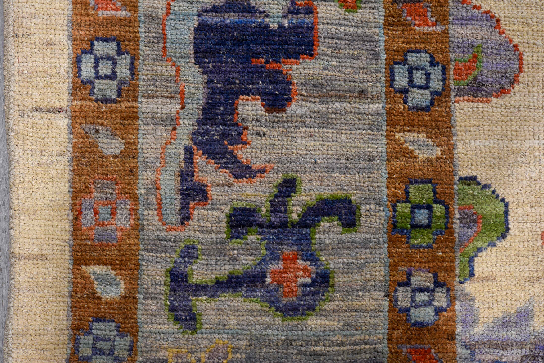 9' x 11' one-of-a-kind handmade vintage Oushak large size rug. Color palette: ivory, gray, terra cotta, sage, sky blue, navy