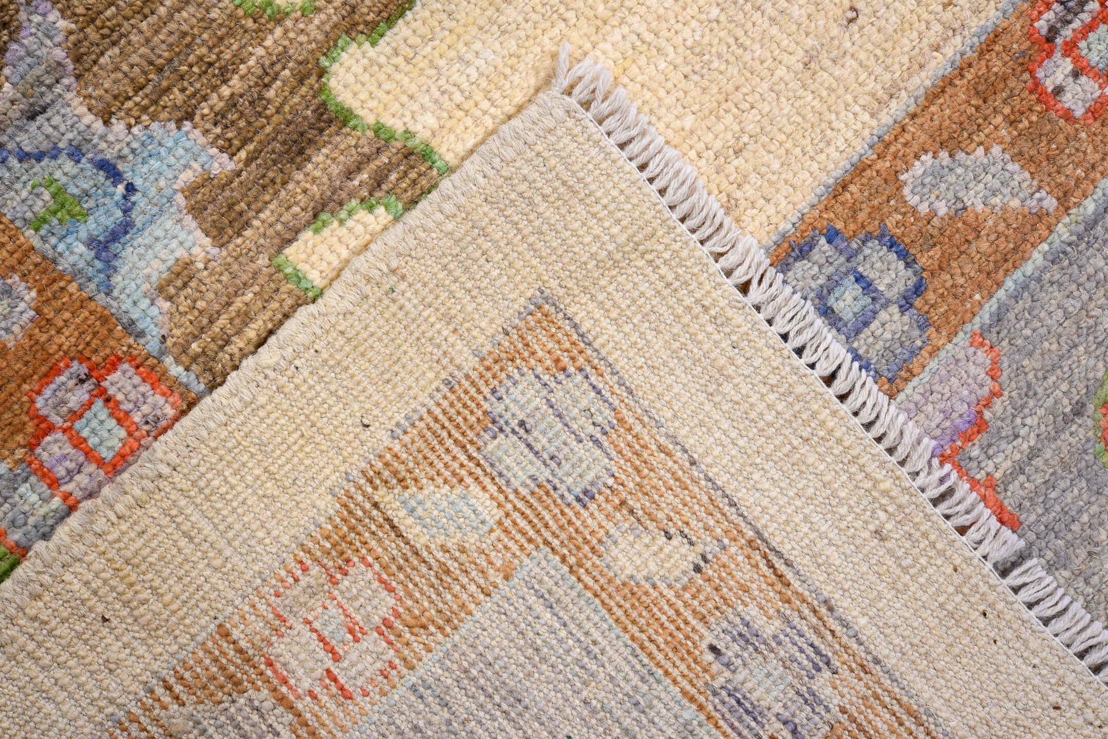 9' x 11' one-of-a-kind handmade vintage Oushak large size rug. Color palette: ivory, gray, terra cotta, sage, sky blue, navy
