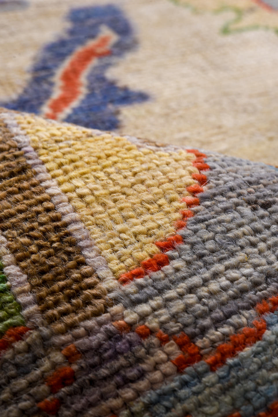 9' x 11' one-of-a-kind handmade vintage Oushak large size rug. Color palette: ivory, gray, terra cotta, sage, sky blue, navy
