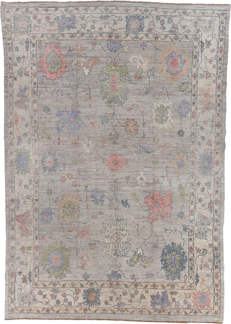 9' x 13' one-of-a-kind handmade vintage Oushak large size rug. Color palette: taupe, ivory, sage, coral, slate, lavender