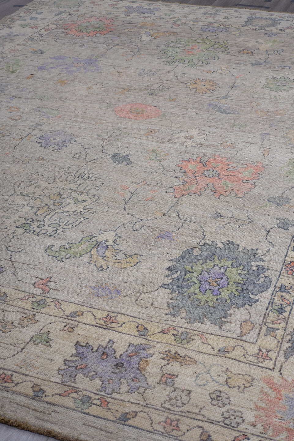 9' x 13' one-of-a-kind handmade vintage Oushak large size rug. Color palette: taupe, ivory, sage, coral, slate, lavender