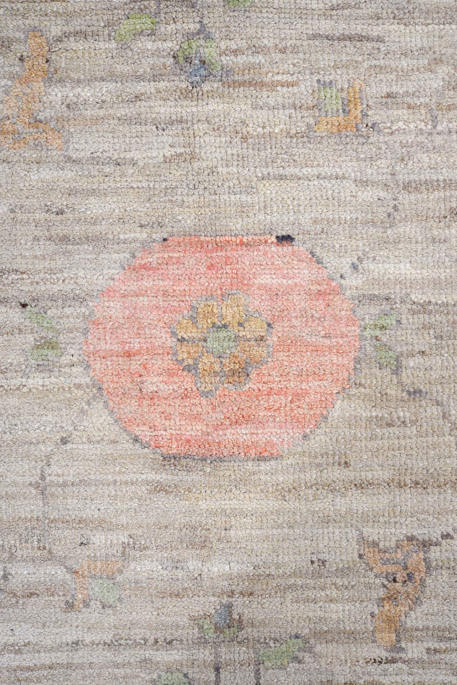 9' x 13' one-of-a-kind handmade vintage Oushak large size rug. Color palette: taupe, ivory, sage, coral, slate, lavender