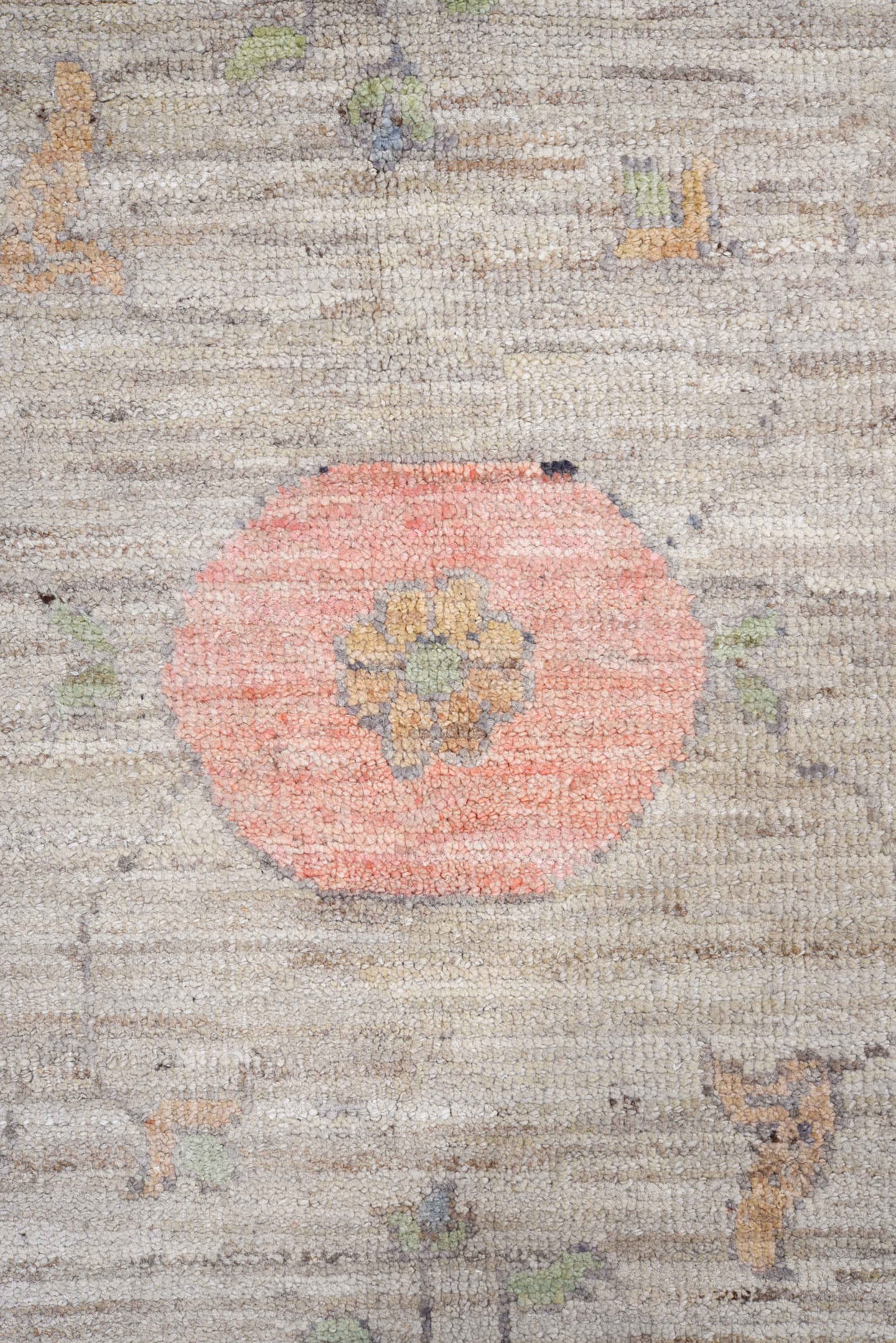 9' x 13' one-of-a-kind handmade vintage Oushak large size rug. Color palette: taupe, ivory, sage, coral, slate, lavender