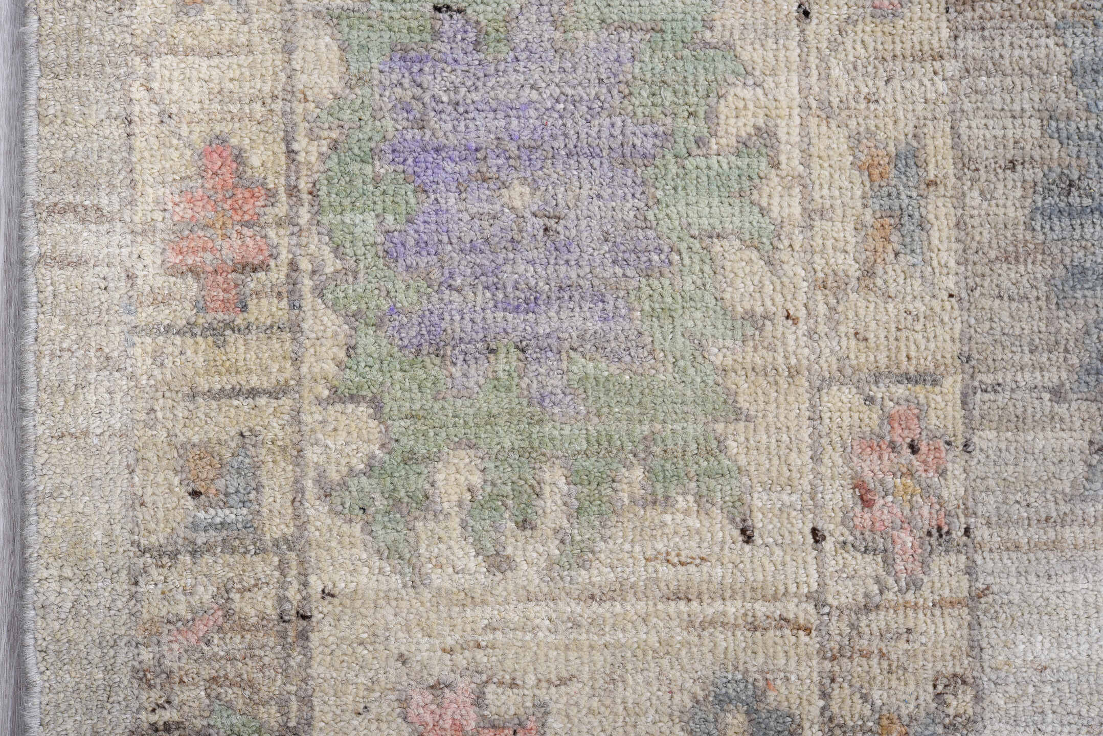 9' x 13' one-of-a-kind handmade vintage Oushak large size rug. Color palette: taupe, ivory, sage, coral, slate, lavender