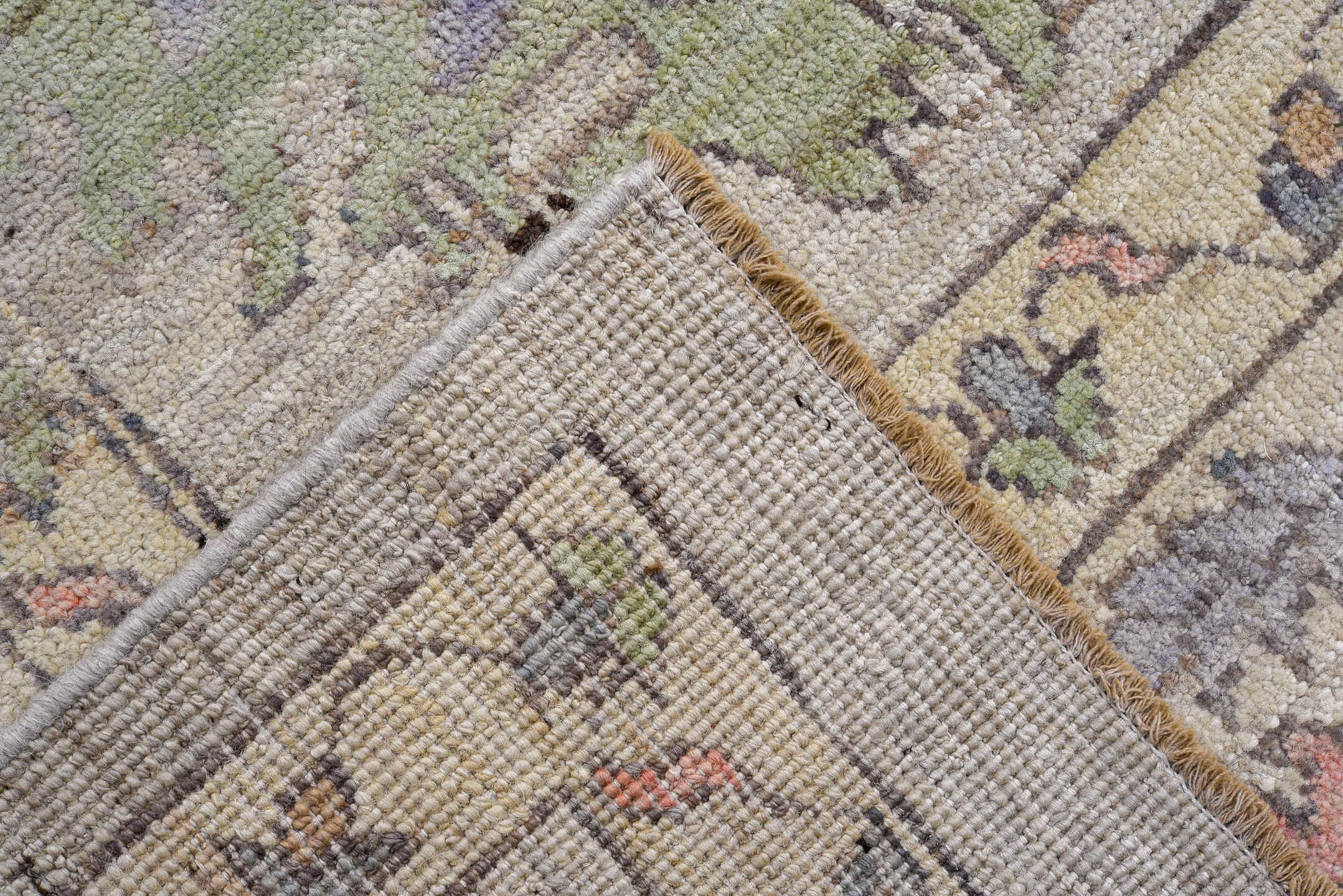 9' x 13' one-of-a-kind handmade vintage Oushak large size rug. Color palette: taupe, ivory, sage, coral, slate, lavender