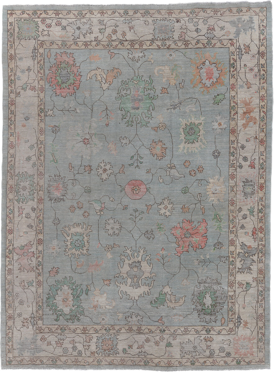 10' x 13' one-of-a-kind handmade vintage Oushak large size rug. Color palette: pale blue, ivory, blush, sage, peach, taupe
