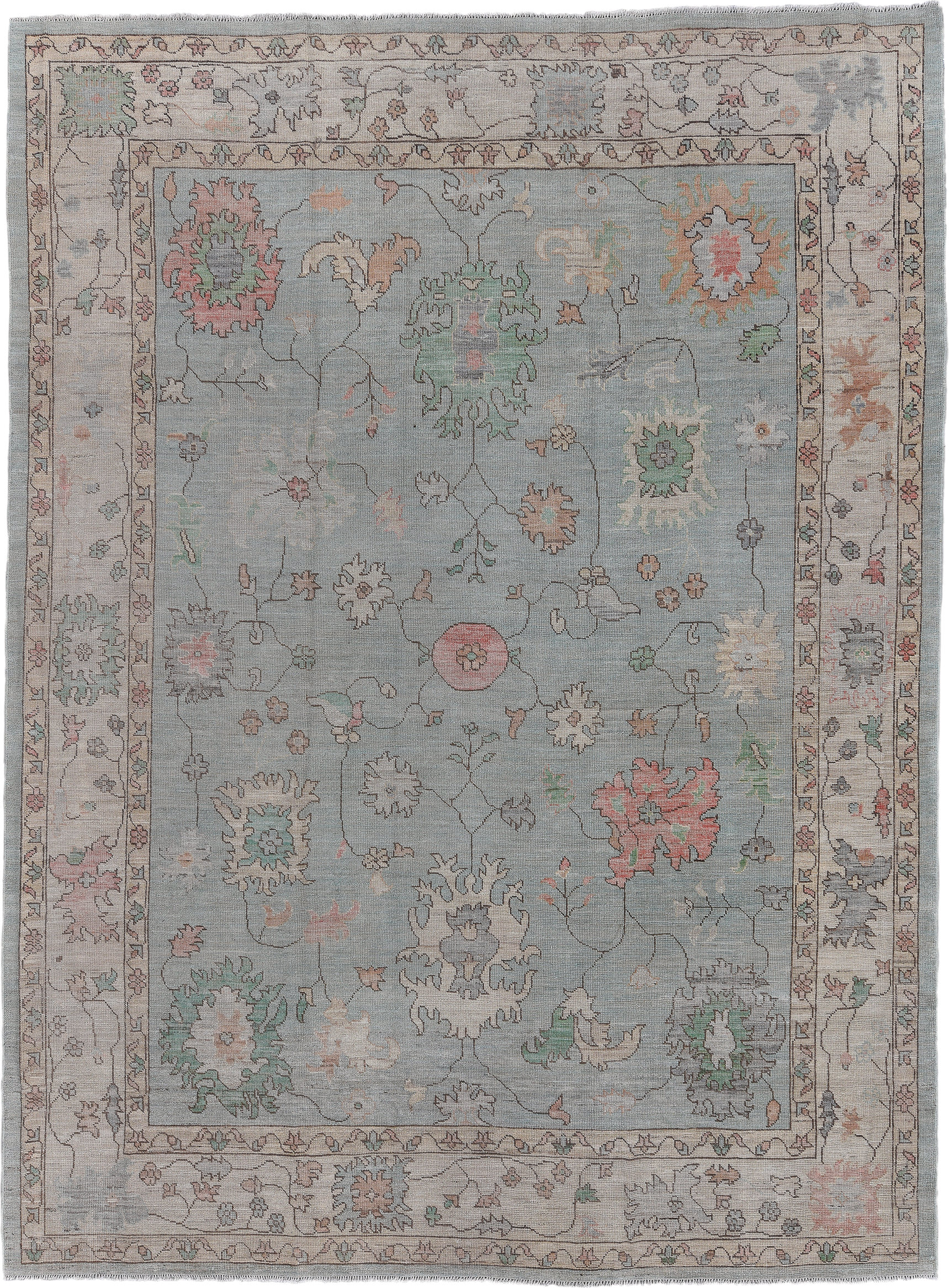 10' x 13' one-of-a-kind handmade vintage Oushak large size rug. Color palette: pale blue, ivory, blush, sage, peach, taupe