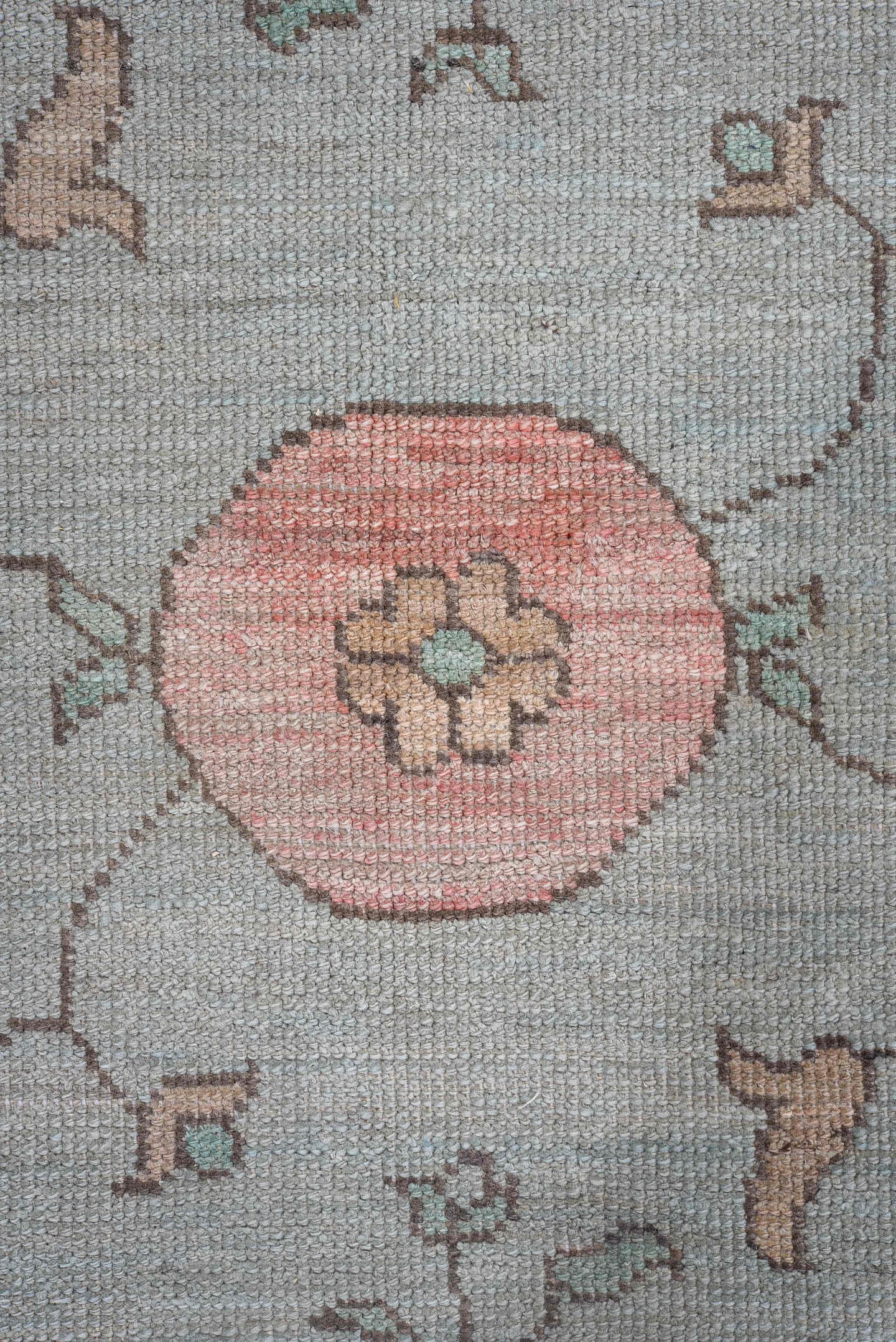 10' x 13' one-of-a-kind handmade vintage Oushak large size rug. Color palette: pale blue, ivory, blush, sage, peach, taupe
