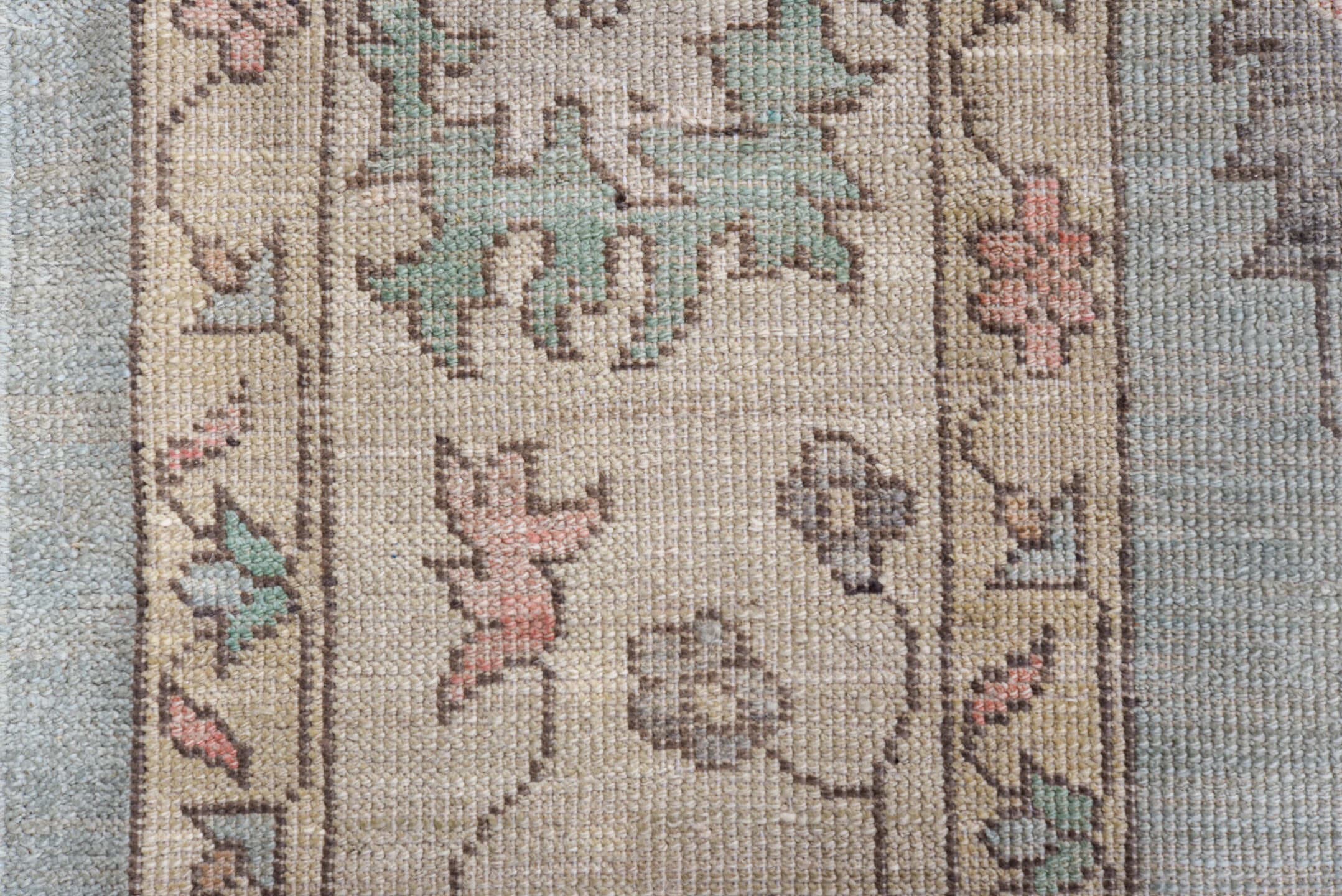 10' x 13' one-of-a-kind handmade vintage Oushak large size rug. Color palette: pale blue, ivory, blush, sage, peach, taupe