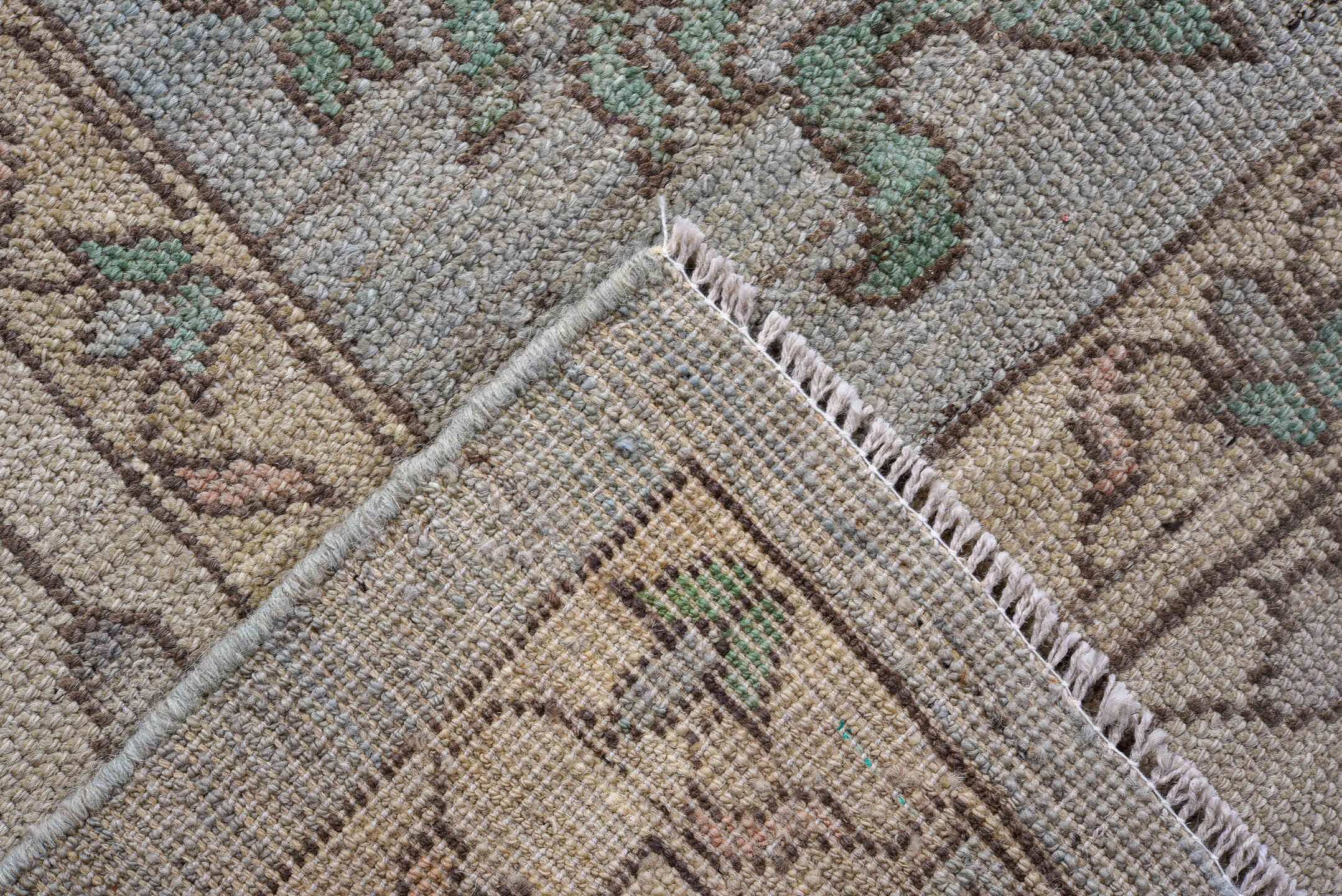 10' x 13' one-of-a-kind handmade vintage Oushak large size rug. Color palette: pale blue, ivory, blush, sage, peach, taupe