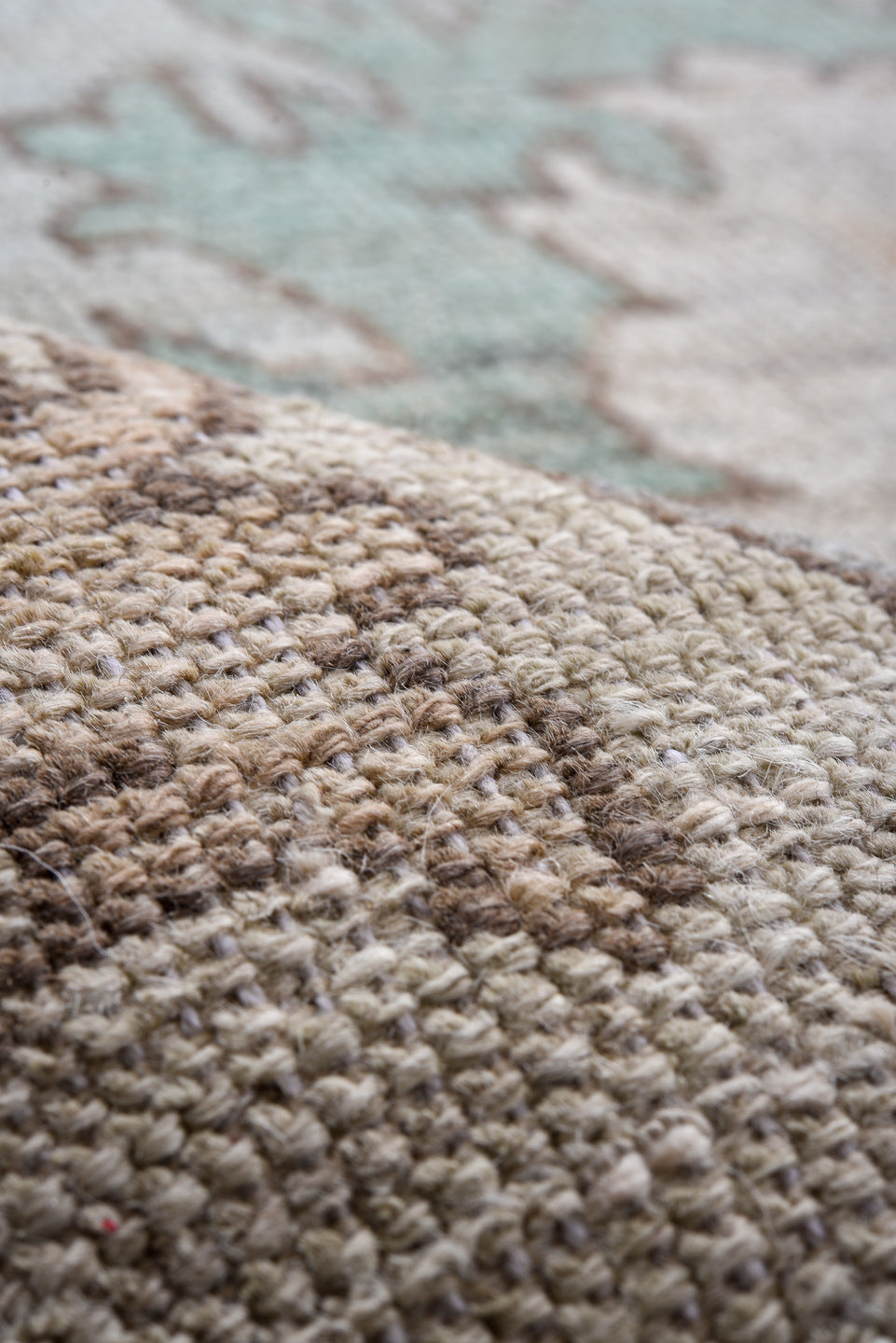 10' x 13' one-of-a-kind handmade vintage Oushak large size rug. Color palette: pale blue, ivory, blush, sage, peach, taupe