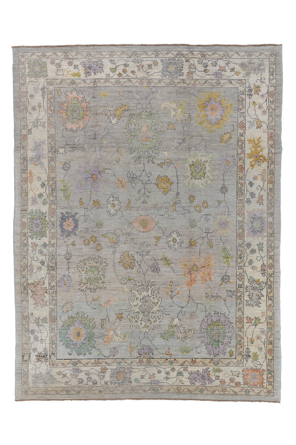 9' x 12' one-of-a-kind handmade vintage Oushak large size rug. Color palette: gray, light gray, off-white, black, pink