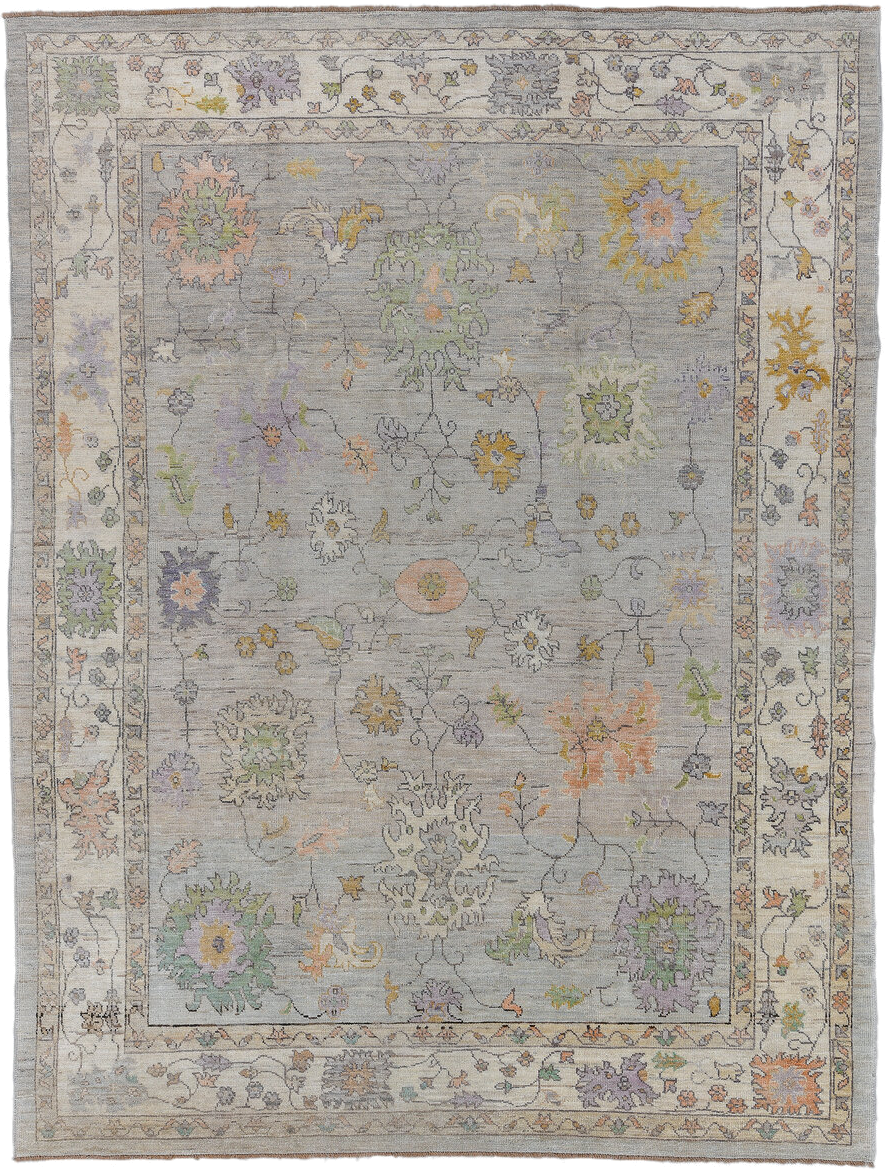 9' x 12' one-of-a-kind handmade vintage Oushak large size rug. Color palette: gray, ivory, sage, lavender, peach, gold