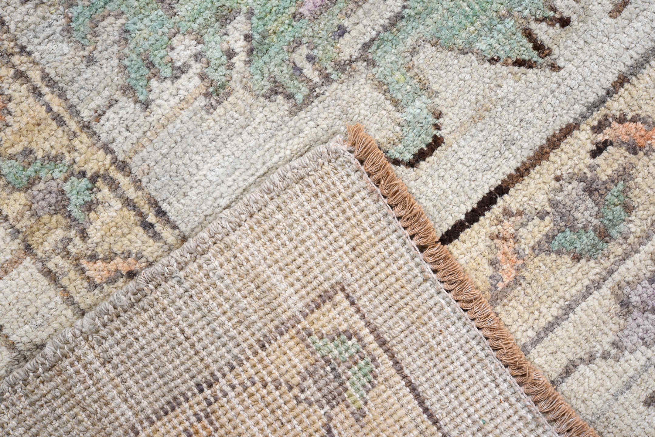 9' x 12' one-of-a-kind handmade vintage Oushak large size rug. Color palette: gray, light gray, off-white, black, pink