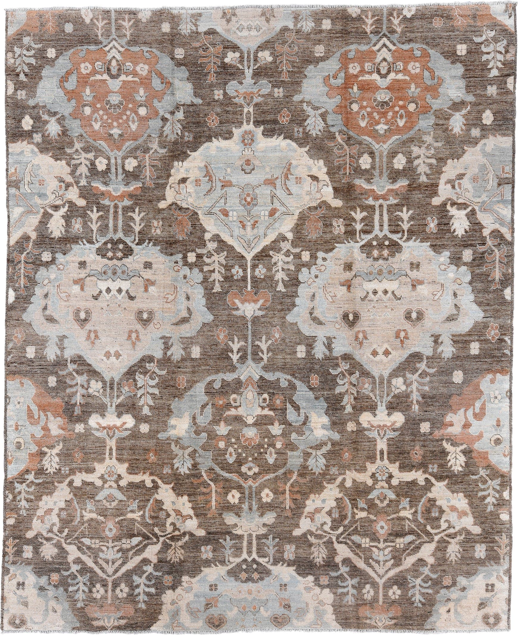 8' x 10' one-of-a-kind handmade vintage Oushak large size rug. Color palette: taupe, ivory, pale blue, terra cotta, brown