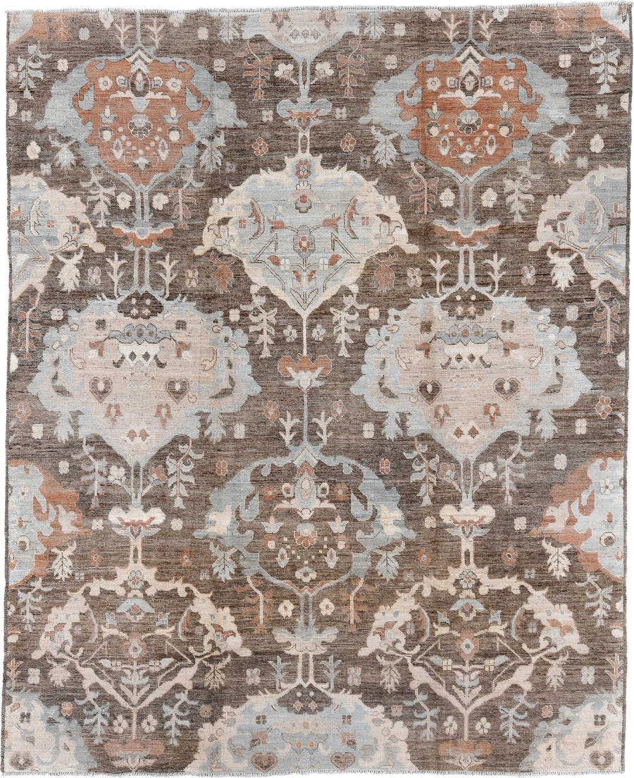 8' x 10' one-of-a-kind handmade vintage Oushak large size rug. Color palette: taupe, ivory, pale blue, terra cotta, brown