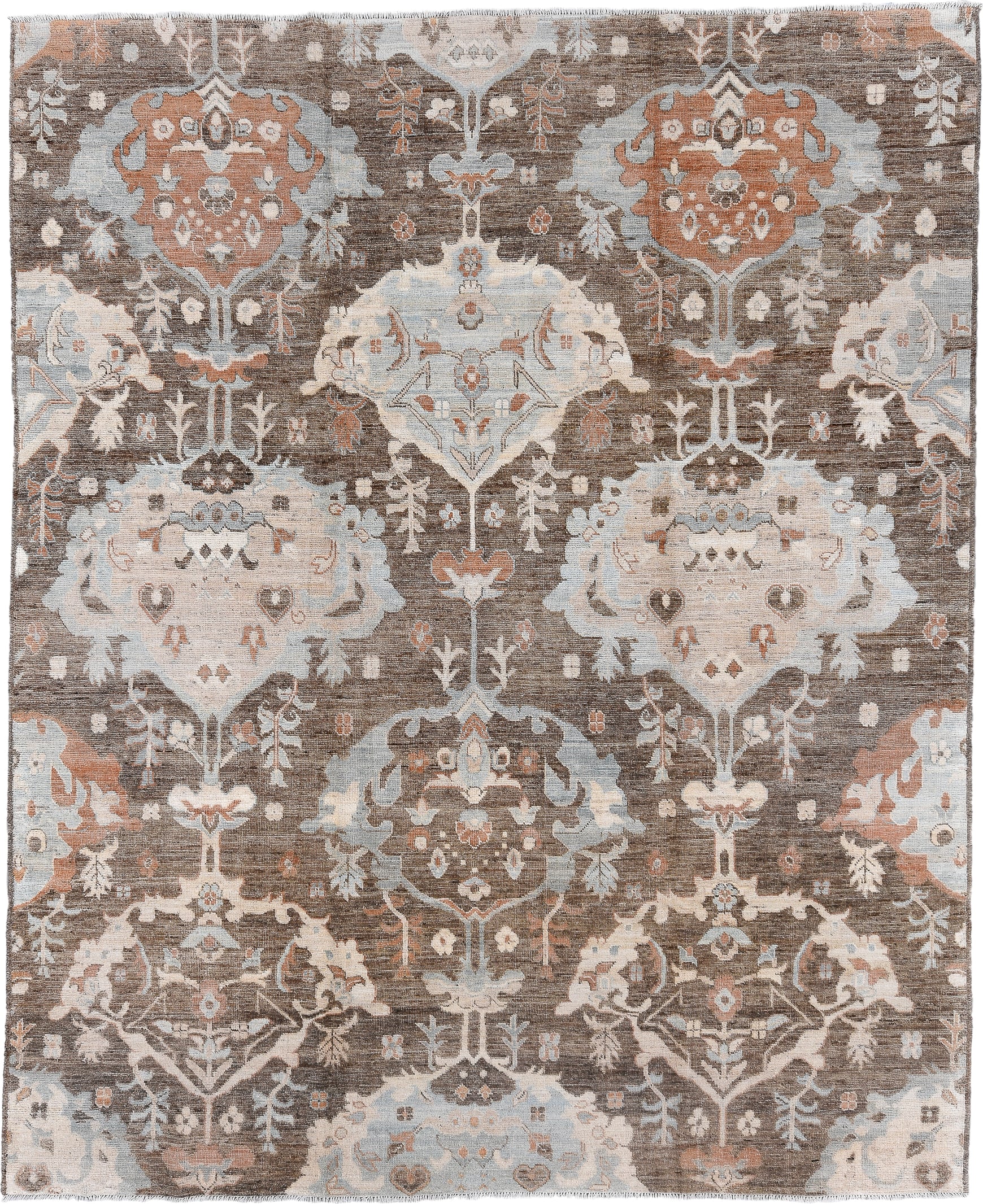 8' x 10' one-of-a-kind handmade vintage Oushak large size rug. Color palette: taupe, ivory, pale blue, terra cotta, brown