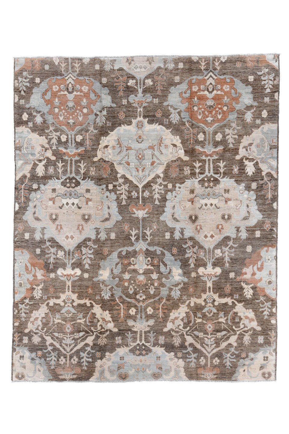 8' x 10' one-of-a-kind handmade vintage Oushak large size rug. Color palette: black, brown, dark gray, dim gray, gray