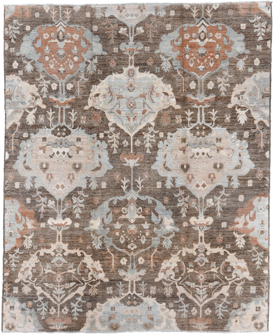 8' x 10' one-of-a-kind handmade vintage Oushak large size rug. Color palette: taupe, ivory, pale blue, terra cotta, brown