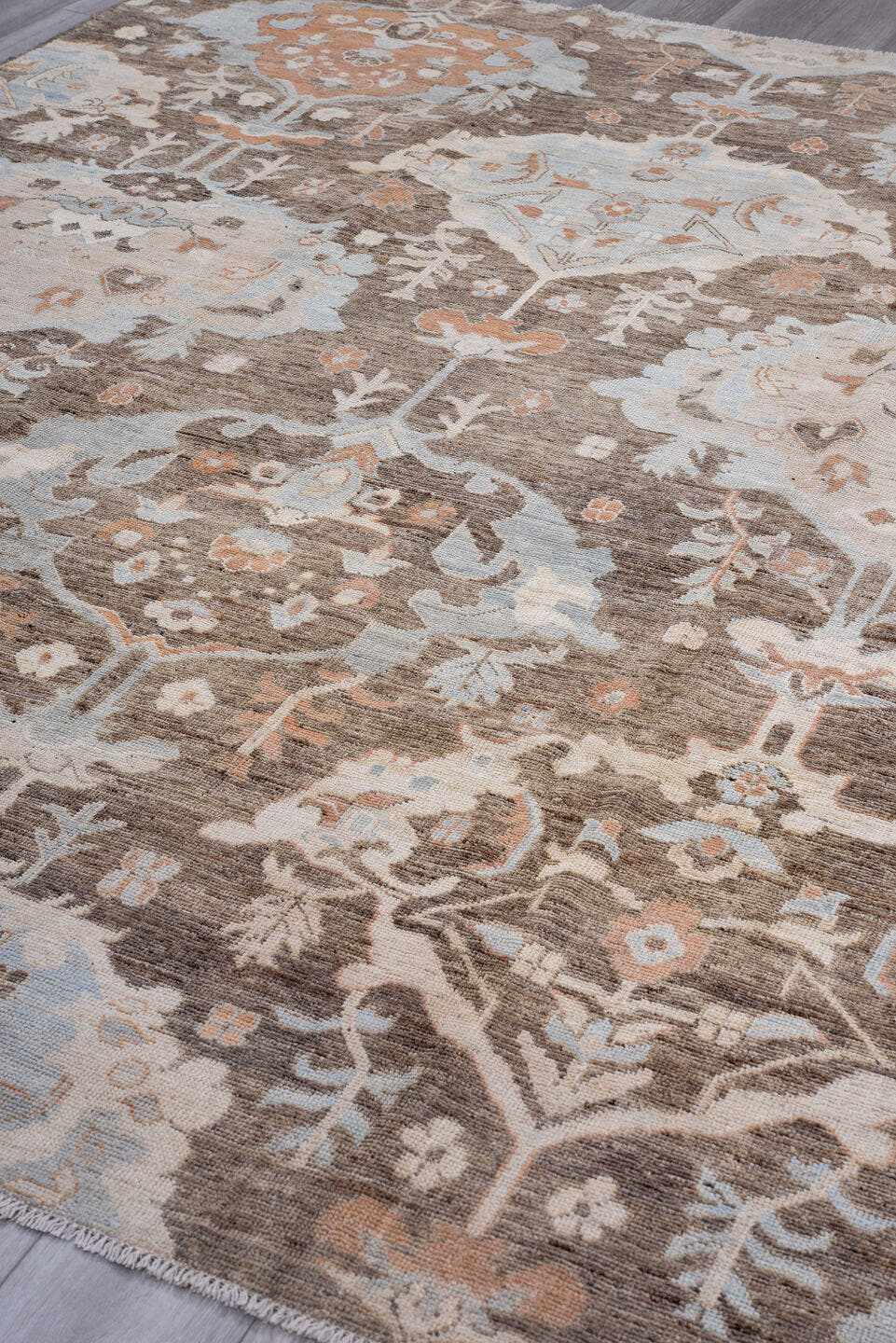 8' x 10' one-of-a-kind handmade vintage Oushak large size rug. Color palette: taupe, ivory, pale blue, terra cotta, brown