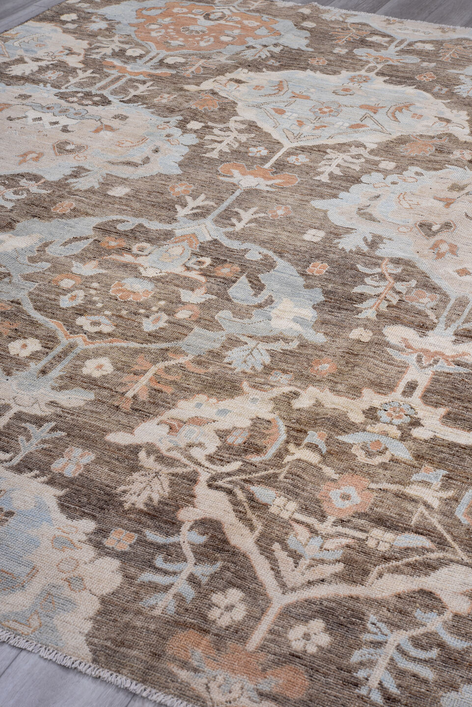 8' x 10' one-of-a-kind handmade vintage Oushak large size rug. Color palette: taupe, ivory, pale blue, terra cotta, brown
