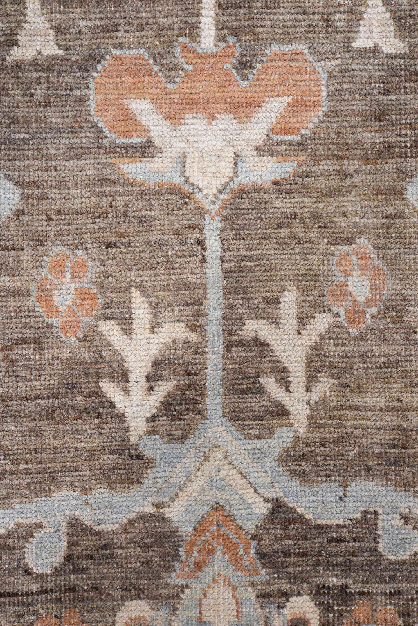 8' x 10' one-of-a-kind handmade vintage Oushak large size rug. Color palette: taupe, ivory, pale blue, terra cotta, brown